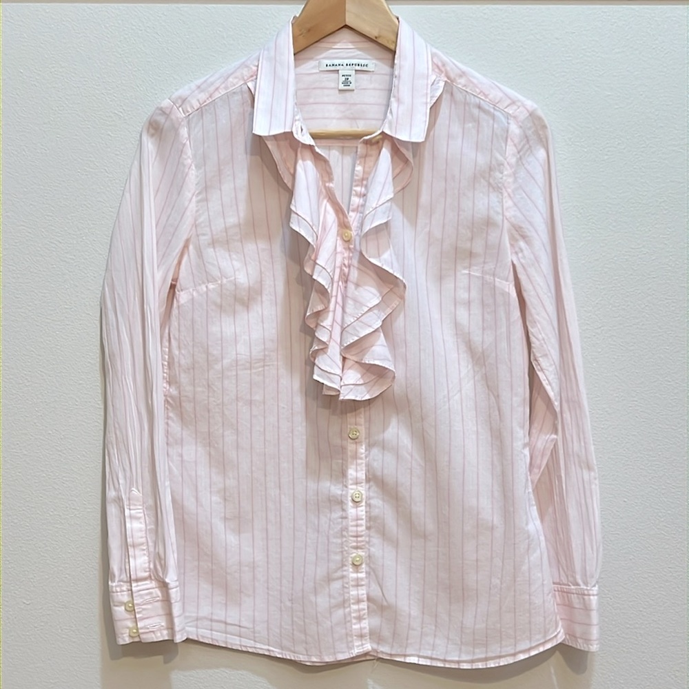 Banana Republic light pink with stripes ruffle front button down shirt